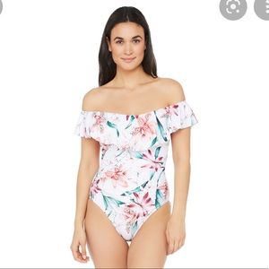 NEW La Blanca floral womens one piece 6 ruffled off the shoulder